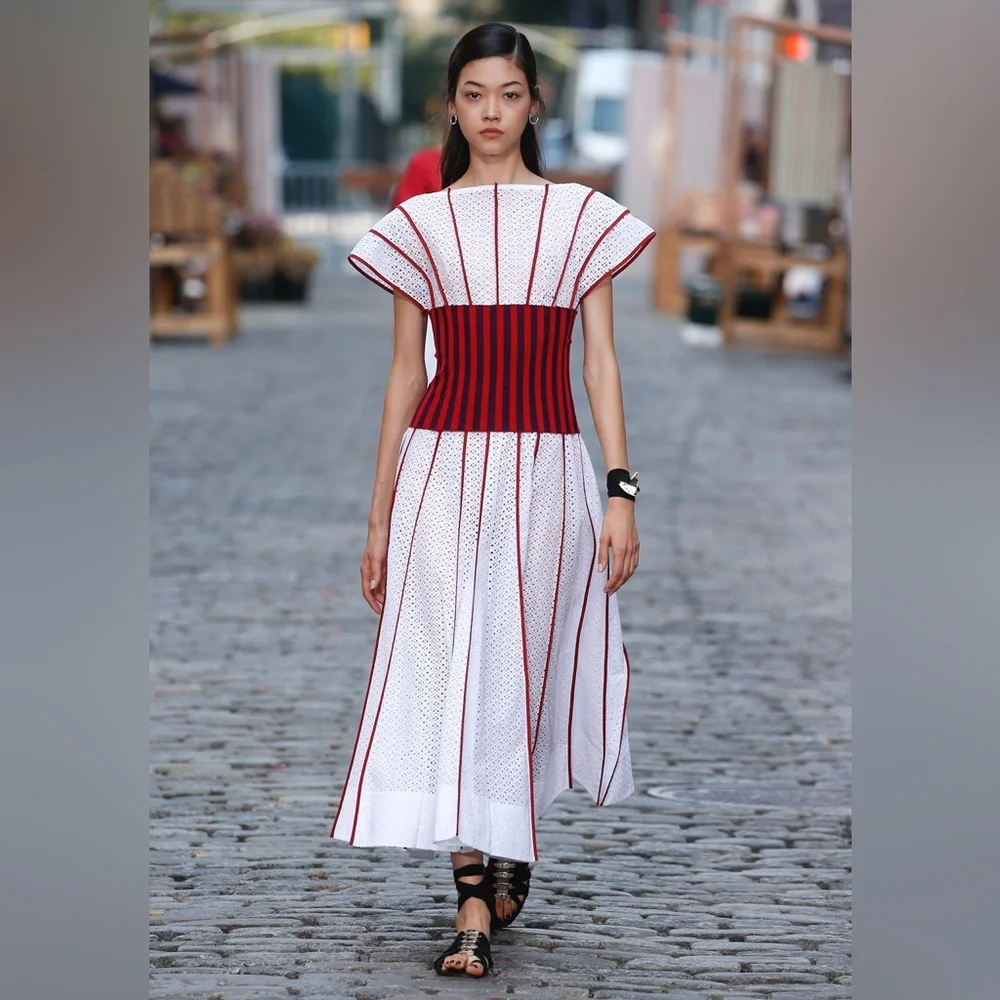 EUC Tory Burch White Eyelet Dress with Red Accents
